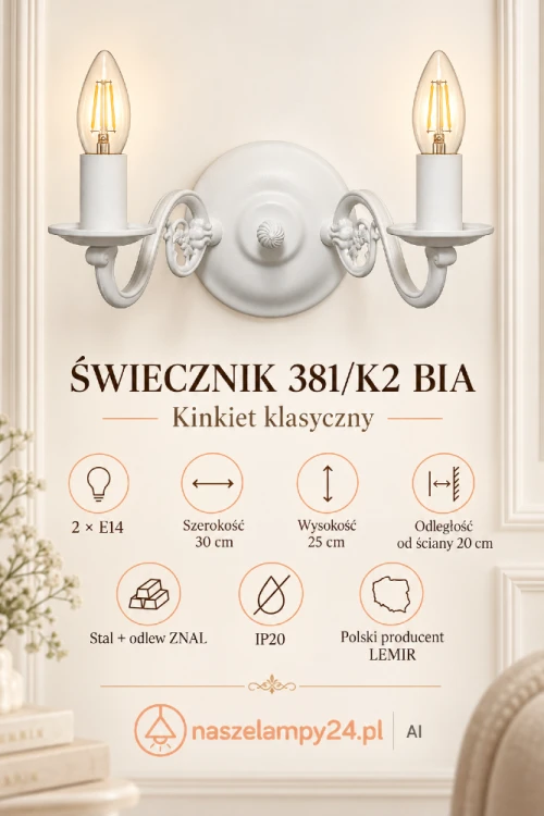 Klasyczny kinkiet ŚWIECZNIK 2xE14 marki Lemir ma białą matową armaturę i dekoracyjne ramiona. Model ze stali i odlewu ZNAL pięknie prezentuje się z filamentowymi żarówkami w kształcie płomyka.