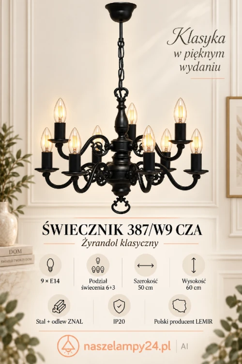 Klasyczny żyrandol ŚWIECZNIK 9xE14 marki Lemir wykonano ze stali i odlewu ZNAL. Czarna armatura, dekoracyjne ramiona oraz podział świecenia 6+3 zapewniają efektowne i funkcjonalne oświetlenie dużego pomieszczenia.