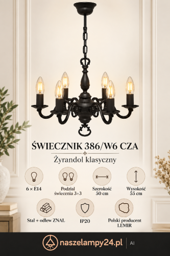 Czarny żyrandol Lemir 6xE14 w formie klasycznego świecznika. Model 386/W6 CZA ma podział świecenia 3+3, szerokość 50 cm i wysokość 55 cm. Efektowne oświetlenie salonu, jadalni lub reprezentacyjnego holu.