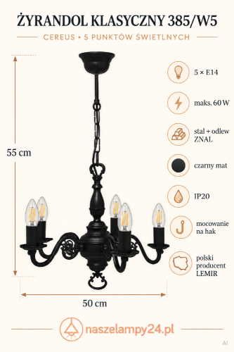 Czarny żyrandol Lemir 385/W5 to elegancka lampa sufitowa 5xE14 o szerokości 50 cm. Dekoracyjne ramiona i forma świecznika podkreślą aranżację salonu, jadalni, sypialni, gabinetu lub reprezentacyjnego holu.