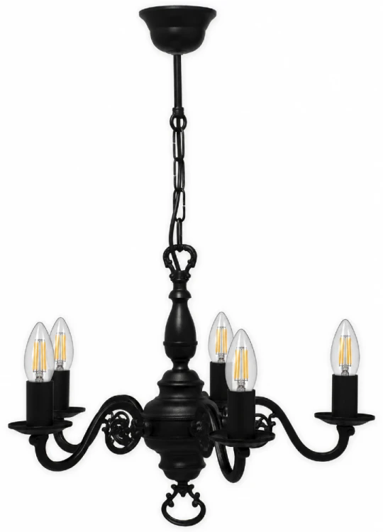 Żyrandol Lemir 385/W5 czarny mat ma pięć ramion E14 i możliwość zastosowania żarówek LED oraz filamentowych. Lampa o wymiarach 50 × 55 cm efektownie oświetli stół w jadalni, salon, sypialnię lub elegancki gabinet.