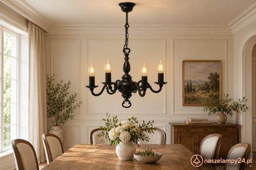 Czarny żyrandol Lemir 4xE14 w formie klasycznego świecznika. Model 384/W4 CZA ma podział światła 2+2, szerokość 50 cm i wysokość 55 cm. Elegancka lampa do salonu, jadalni, sypialni lub reprezentacyjnego holu.