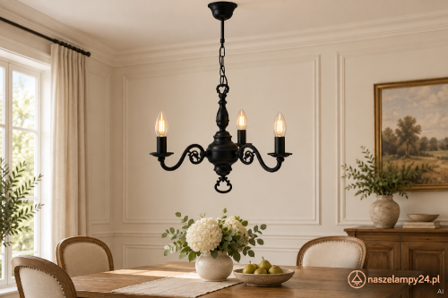 Czarny żyrandol Lemir 3xE14 w formie klasycznego świecznika. Model 383/W3 CZA ma podział światła 2+1, szerokość 42 cm i wysokość 55 cm. Elegancka lampa do salonu, jadalni, sypialni lub reprezentacyjnego holu.