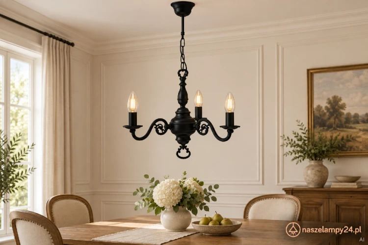 Czarny żyrandol Lemir 3xE14 w formie klasycznego świecznika. Model 383/W3 CZA ma podział światła 2+1, szerokość 42 cm i wysokość 55 cm. Elegancka lampa do salonu, jadalni, sypialni lub reprezentacyjnego holu.