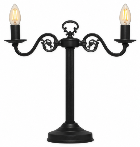 Lampa stołowa ŚWIECZNIK Lemir 388/L2 CZA ma 2 ramiona E14 i czarne matowe wykończenie. Klasyczna konstrukcja o wysokości 55 cm doskonale pasuje na komodę lub konsolę w salonie, sypialni, gabinecie i przedpokoju.