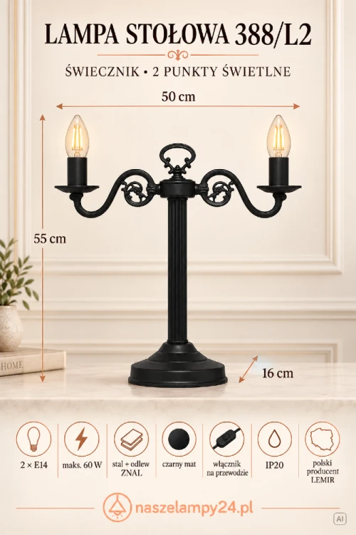 Klasyczna lampa stołowa Lemir 388/L2 CZA ma dwa ramiona E14, ozdobną kolumnę i stabilną podstawę. Czarny mat oraz możliwość zastosowania żarówek filamentowych podkreślają jej elegancki, świecznikowy charakter.