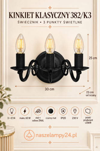 Czarny kinkiet Lemir 3xE14 w formie klasycznego świecznika. Model 382/K3 CZA ma 30 cm szerokości, 25 cm wysokości i odstaje od ściany na 23 cm. Elegancka lampa do salonu, sypialni, korytarza lub holu.