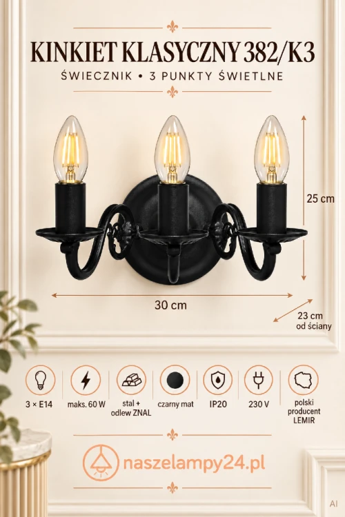 Czarny kinkiet Lemir 3xE14 w formie klasycznego świecznika. Model 382/K3 CZA ma 30 cm szerokości, 25 cm wysokości i odstaje od ściany na 23 cm. Elegancka lampa do salonu, sypialni, korytarza lub holu.