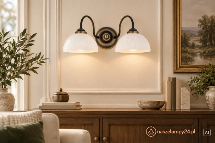 Kinkiet FELIX 2xE27 marki Lemir to elegancka lampa ścienna z patynowaną konstrukcją i dwoma alabastrowymi kloszami. Symetryczna forma doskonale prezentuje się nad komodą lub konsolą w klasycznym salonie.
