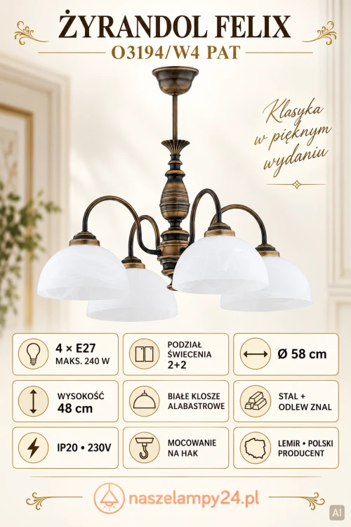 Klasyczna lampa sufitowa Lemir FELIX O3194/W4 PAT ma średnicę 58 cm i cztery oprawki E27. Białe klosze alabastrowe, dekoracyjna armatura w kolorze patyny oraz podział 2+2 podkreślą elegancki wystrój wnętrza.