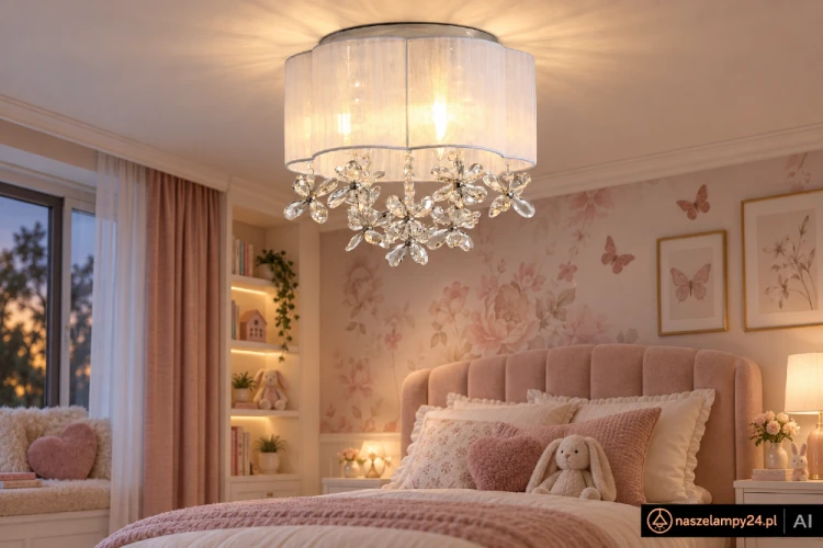 Plafon ESMERALDA 3xE14 zachwyca białym abażurem z cienkich nitek i kryształowymi zawiesiami w formie kwiatów. Chromowane detale podkreślają elegancki styl lampy. Idealna do sypialni, salonu i pokoju dziewczynki.