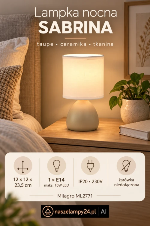 Niewielka lampka nocna SABRINA 1xE14 w kolorze taupe pasuje do sypialni, salonu, hotelu lub restauracji. Materiałowy abażur zapewnia miękkie światło, a ceramiczna podstawa podkreśla naturalny wygląd. Wysokość 23,5 cm.