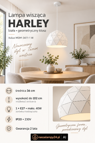 Lampa HARLEY 1xE27 to nowoczesne oświetlenie nad stół, wyspę lub barek. Biały geometryczny klosz pasuje do wnętrz minimalistycznych i skandynawskich. Średnica 36 cm, wysokość do 102 cm z możliwością skrócenia.