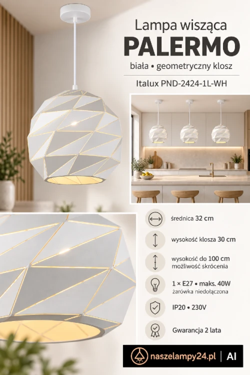 Lampa PALERMO 1xE27 to nowoczesne oświetlenie nad wyspę kuchenną, stół lub blat roboczy. Biały geometryczny klosz ma 32 cm średnicy i 30 cm wysokości. Lampę można zamontować pojedynczo albo w zestawie kilku opraw.