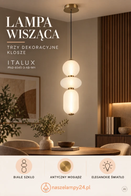 Złota lampa wisząca NICO 15W LED Italux zachwyca trzema dekoracyjnymi kloszami z białego szkła opalowego. Ciepła barwa 3000 K tworzy przyjemne oświetlenie nad stołem, wyspą kuchenną lub w salonie. Model PND-8545-3-AB-WH.
