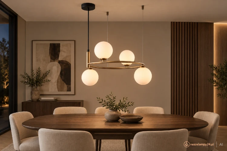 Złota lampa wisząca AMILY 4xG9 Italux to dekoracyjne oświetlenie z białymi szklanymi kulami. Model o szerokości 44 cm efektownie prezentuje się nad stołem i wyspą kuchenną, a także w salonie oraz eleganckiej jadalni.