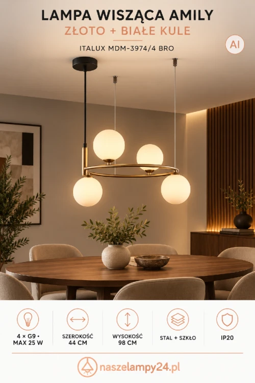 Lampa AMILY Italux łączy złotą stal z czterema białymi kloszami ze szkła. Oryginalna konstrukcja i światło 4xG9 podkreślą aranżację salonu, jadalni lub kuchni. Wymiary lampy: szerokość 44 cm i wysokość 98 cm.