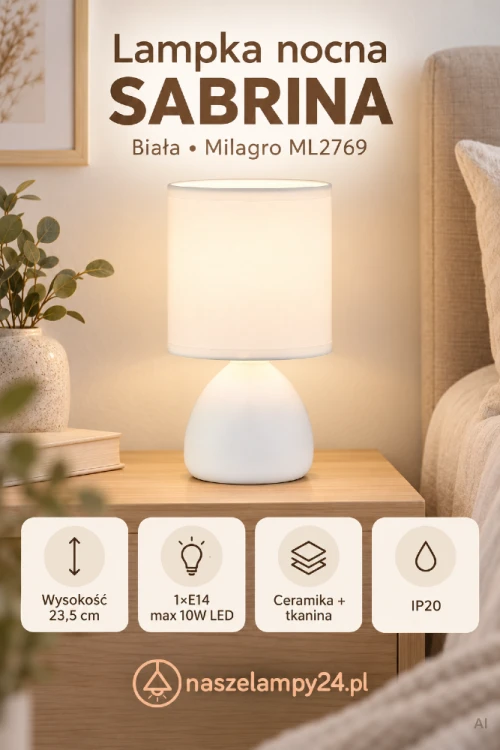 Niewielka lampka SABRINA ML2769 o wysokości 23,5 cm zapewni przyjemne światło w sypialni, salonie lub pokoju dziecięcym. Biała podstawa z ceramiki i abażur z tkaniny pasują do wielu aranżacji. Gwint E14, maks. 10W LED, IP20.