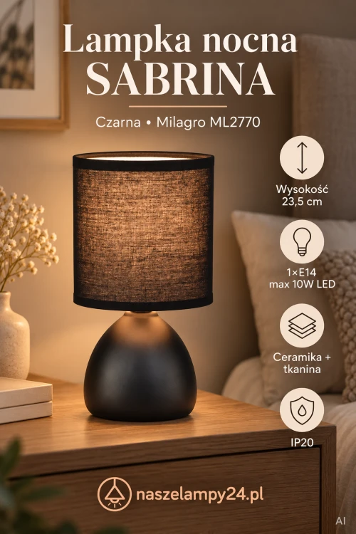 Niewielka lampka SABRINA ML2770 o wysokości 23,5 cm zapewni dodatkowe światło w sypialni, salonie lub pokoju młodzieżowym. Czarna podstawa z ceramiki i abażur z tkaniny pasują do wielu aranżacji. Gwint E14, 10W LED, IP20