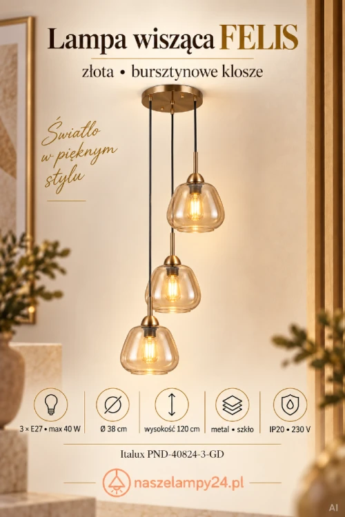 Złota lampa FELIS Italux z trzema bursztynowymi kloszami dostępna za 256 zł zamiast 583 zł. Kaskadowy model 3xE27 pasuje do jadalni, salonu, kuchni i holu. Wyprzedaż trwa tylko do wyczerpania stanów magazynowych.
