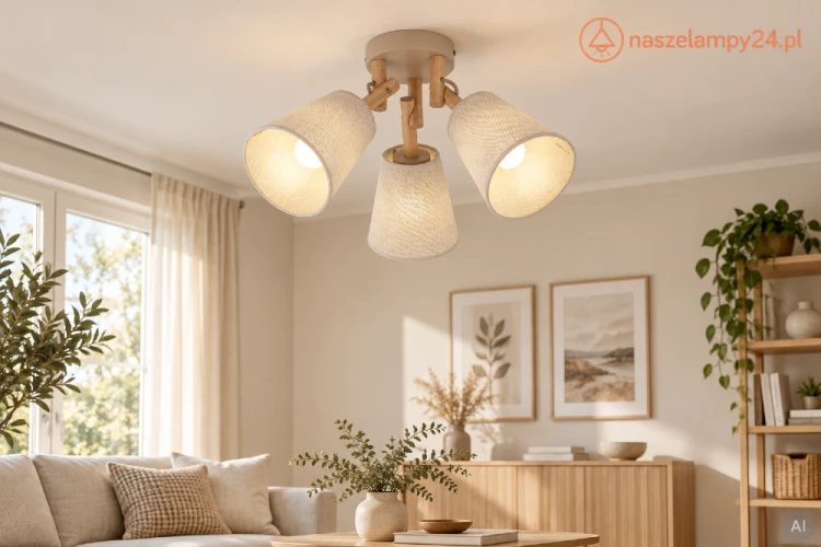 Plafon VAIO 11605 ma trzy regulowane abażury z beżowego lnu oraz stelaż w kolorze Sabia i jasnej sosny. Lampa 3xE27 o wymiarach 46 × 46 × 30 cm sprawdzi się we wnętrzach boho, skandynawskich i naturalnych.