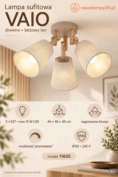 Beżowa lampa sufitowa VAIO 3xE27 z drewnianymi elementami i lnianymi abażurami ociepli aranżację salonu, sypialni lub jadalni. Trzy regulowane klosze umożliwiają skierowanie światła w wybrane części pomieszczenia.