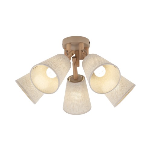 Lampa sufitowa VAIO 11606 łączy jasne drewno z pięcioma regulowanymi abażurami z beżowego lnu. Plafon 5xE27 sprawdzi się w salonie, jadalni, kuchni i sypialni. Idealny do wnętrz boho i skandynawskich