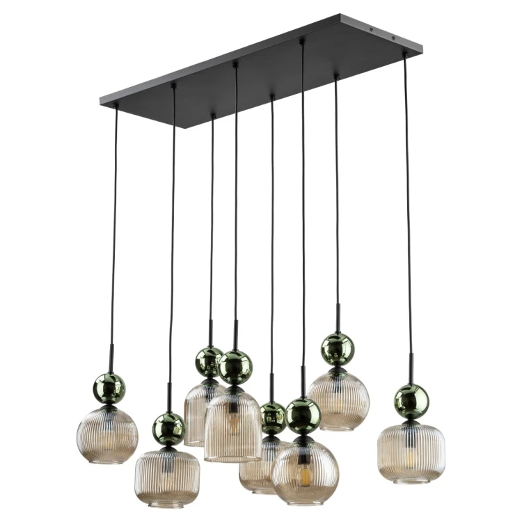 Lampa wisząca SOPHIA 11151 z 8 kloszami z koniakowego szkła i zielonymi detalami. Kaskadowy układ oraz czarny stelaż tworzą efektowne oświetlenie nad stół, wyspę kuchenną lub barek. 8xE14, IP20.