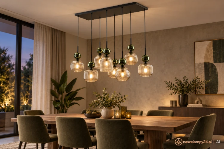 SOPHIA 11151 to elegancka lampa sufitowa 8xE14 w stylu glamour. Koniakowe szklane klosze, zielone dekoracje i czarna podsufitka doskonale prezentują się w salonie, jadalni, kuchni, holu oraz na antresoli.