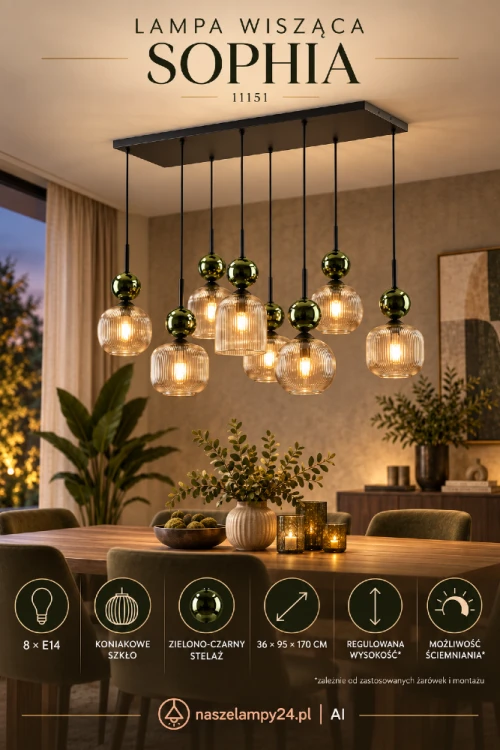 Kaskadowa lampa wisząca SOPHIA 8xE14 zachwyca połączeniem koniakowego szkła, zielonych elementów i czarnego stelaża. Model o wymiarach 36 × 95 × 170 cm sprawdzi się nad dużym stołem, wyspą lub barkiem.