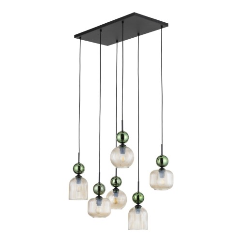 Lampa wisząca SOPHIA 11150 z 6 kloszami z koniakowego szkła i zielonymi kulami. Kaskadowy układ oraz czarny stelaż tworzą efektowne oświetlenie nad stół, wyspę kuchenną lub barek. 6xE14, IP20.