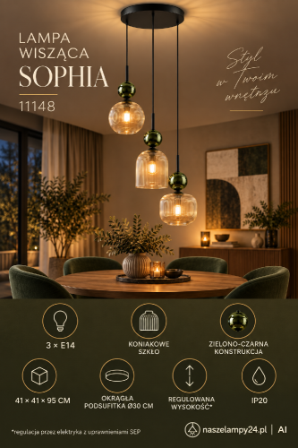 SOPHIA 11148 to elegancka lampa sufitowa 3xE14 w stylu glamour. Koniakowe klosze, zielone detale i czarna konstrukcja doskonale prezentują się w salonie, jadalni, kuchni, sypialni lub holu.