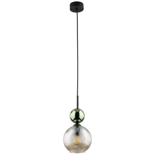 Lampa wisząca SOPHIA 11145 z kulistym kloszem z koniakowego szkła i zieloną kulą. Czarne wykończenie podkreśla styl glamour. Model sprawdzi się nad wyspą, barkiem, stołem lub szafką nocną. 1xE14, IP20.