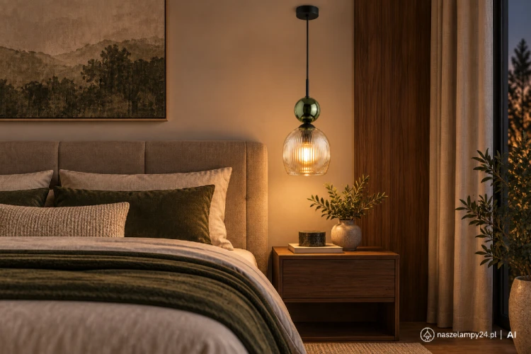 Lampa wisząca SOPHIA 1xE14 łączy koniakowe szkło, zielony detal i czarny metal. Model o wymiarach 15 × 15 × 150 cm sprawdzi się nad wyspą kuchenną, barkiem, małym stołem albo stolikiem nocnym.