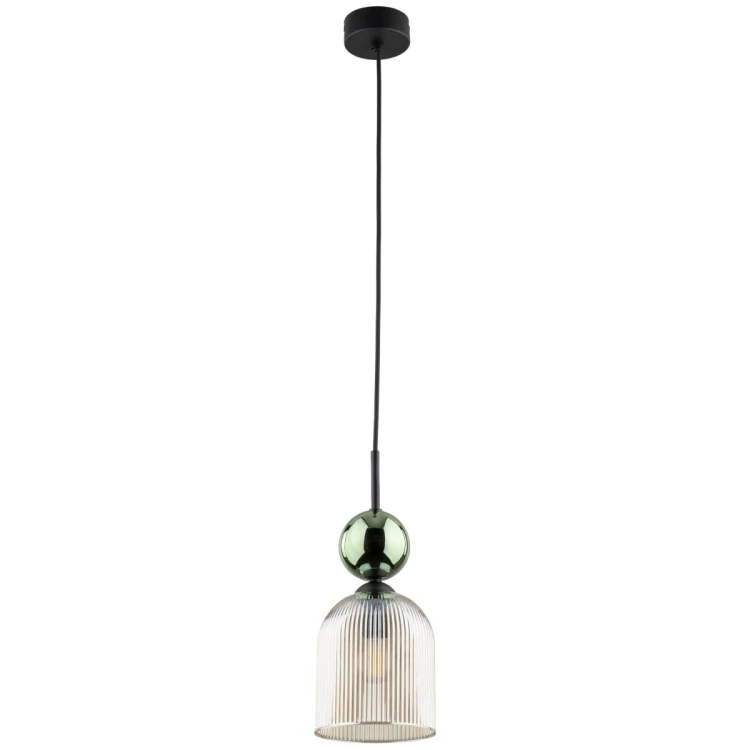 Lampa wisząca SOPHIA 1114 z ryflowanym kloszem z koniakowego szkła i zieloną kulą. Czarne wykończenie podkreśla styl glamour. Model sprawdzi się nad wyspą, barkiem, stołem lub szafką nocną. 1xE14, IP20.