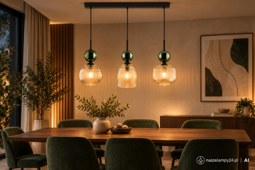 SOPHIA 11147 to elegancka lampa sufitowa 3xE14 z trzema ryflowanymi kloszami o różnych kształtach. Koniakowe szkło, zielone kule i czarna konstrukcja pasują do kuchni, salonu oraz jadalni