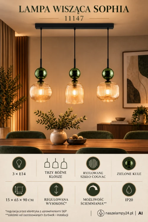 Lampa wisząca SOPHIA 3xE14 łączy ryflowane szkło Cognac, zielone detale i czarny metal. Model o wymiarach 15 × 65 × 90 cm doskonale prezentuje się nad stołem, wyspą kuchenną, barkiem lub blatem