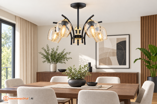 Czarna lampa sufitowa MARAL O3075 W5 CZA + ZL z pięcioma bursztynowymi kloszami. Złote detale nadają jej elegancki charakter. Oprawa 5×E27 polskiego producenta Lemir, idealna nad stół i do salonu.