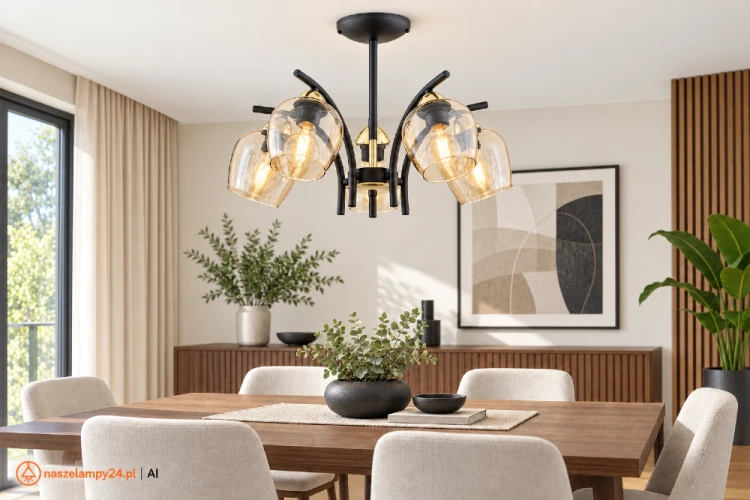 Czarna lampa sufitowa MARAL O3075 W5 CZA + ZL z pięcioma bursztynowymi kloszami. Złote detale nadają jej elegancki charakter. Oprawa 5×E27 polskiego producenta Lemir, idealna nad stół i do salonu.