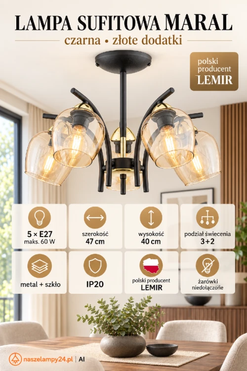 MARAL Lemir to lampa sufitowa 5×E27 z matowej czerni, złotych dodatków i półprzezroczystego bursztynowego szkła. Ma 47 cm szerokości, 40 cm wysokości oraz podział świecenia 3+2. Żarówki nie są dołączone.
