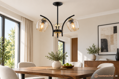 Czarno-złota lampa sufitowa MARAL O3073 W3 z trzema półprzezroczystymi kloszami z bursztynowego szkła. Polska oprawa Lemir 3×E27 o wymiarach 40 × 40 cm, idealna nad stół oraz do salonu i jadalni.