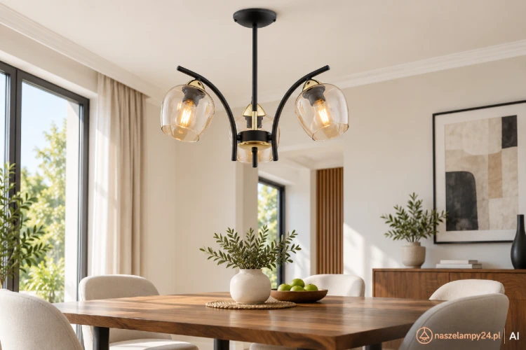 Czarno-złota lampa sufitowa MARAL O3073 W3 z trzema półprzezroczystymi kloszami z bursztynowego szkła. Polska oprawa Lemir 3×E27 o wymiarach 40 × 40 cm, idealna nad stół oraz do salonu i jadalni.