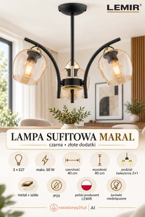 MARAL Lemir to lampa sufitowa 3×E27 z matowej czerni, złotych dodatków i bursztynowego szkła. Podział świecenia 2+1 pozwala dopasować ilość światła do potrzeb. Żarówki należy dokupić oddzielnie.