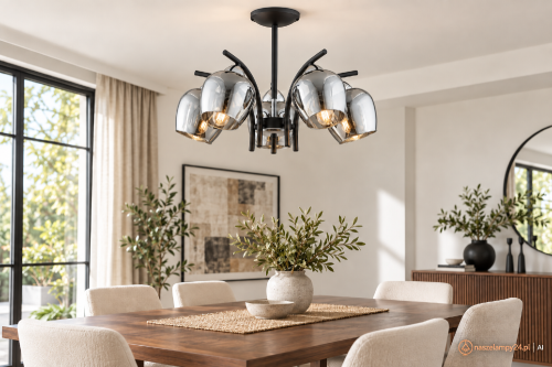 MARAL Lemir O3075 W5 CZA + CH to czarna lampa sufitowa z pięcioma chromowanymi kloszami. Elegancka oprawa 5xE27 pasuje nad stół oraz do salonu, jadalni i kuchni. Lustrzane szkło, chromowane dodatki i podział sekcji 3+2.