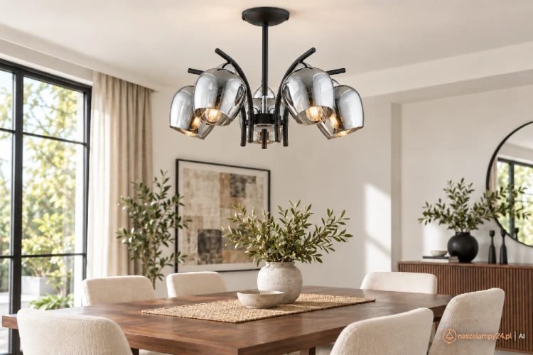 MARAL Lemir O3075 W5 CZA + CH to czarna lampa sufitowa z pięcioma chromowanymi kloszami. Elegancka oprawa 5xE27 pasuje nad stół oraz do salonu, jadalni i kuchni. Lustrzane szkło, chromowane dodatki i podział sekcji 3+2.