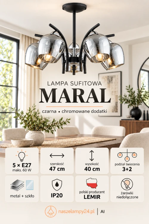 Nowoczesna lampa sufitowa MARAL 5xE27 wyróżnia się czarną konstrukcją i chromowanymi, szklanymi kloszami. Ma 47 cm szerokości, obsługuje żarówki LED i umożliwia podział światła 3+2. Idealna do salonu, jadalni lub sypialni.