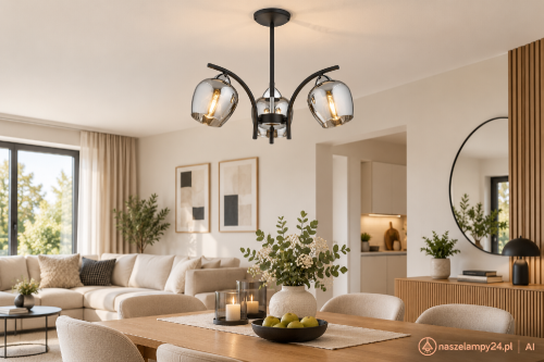 MARAL O3073 W3 CZA + CH to czarna lampa sufitowa z trzema półprzezroczystymi kloszami grafitowymi. Oprawa 3xE27 o wymiarach 40 × 40 cm sprawdzi się nad stołem, w salonie lub jadalni. Chromowane dodatki i podział światła 2+1.