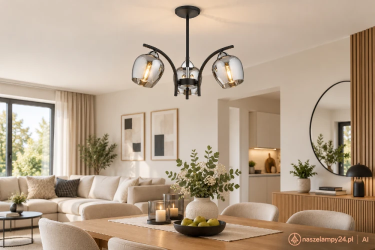 MARAL O3073 W3 CZA + CH to czarna lampa sufitowa z trzema półprzezroczystymi kloszami grafitowymi. Oprawa 3xE27 o wymiarach 40 × 40 cm sprawdzi się nad stołem, w salonie lub jadalni. Chromowane dodatki i podział światła 2+1.