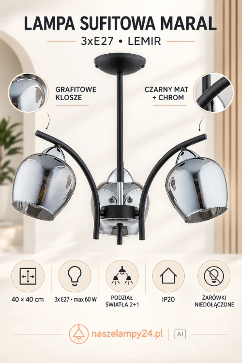 Nowoczesna lampa sufitowa MARAL 3xE27 wyróżnia się grafitowymi kloszami, czarnym stelażem i chromowanymi detalami. Ma 40 cm szerokości i wysokości, obsługuje żarówki LED oraz umożliwia podział światła 2+1. Produkt marki Lemir.