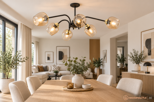 Efektowna lampa KATLA 6xE27 marki Lemir stanowi idealne oświetlenie dużych pomieszczeń. Dekoracyjne szklane klosze, funkcja świecenia 3+3 oraz nowoczesna forma sprawiają, że przyciąga uwagę i tworzy przytulny klimat.